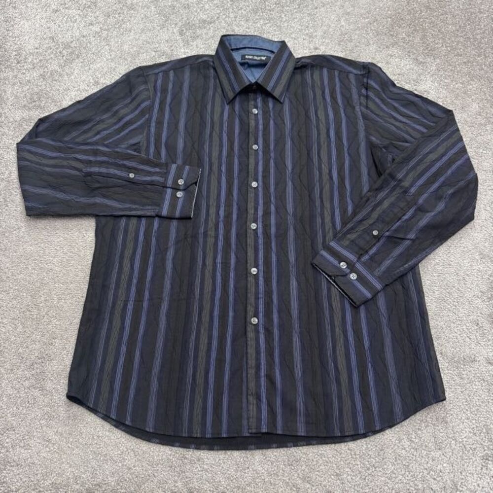 Report Collection Button Down Shirt Men XL Black Blue Striped Long Sleeve Casual